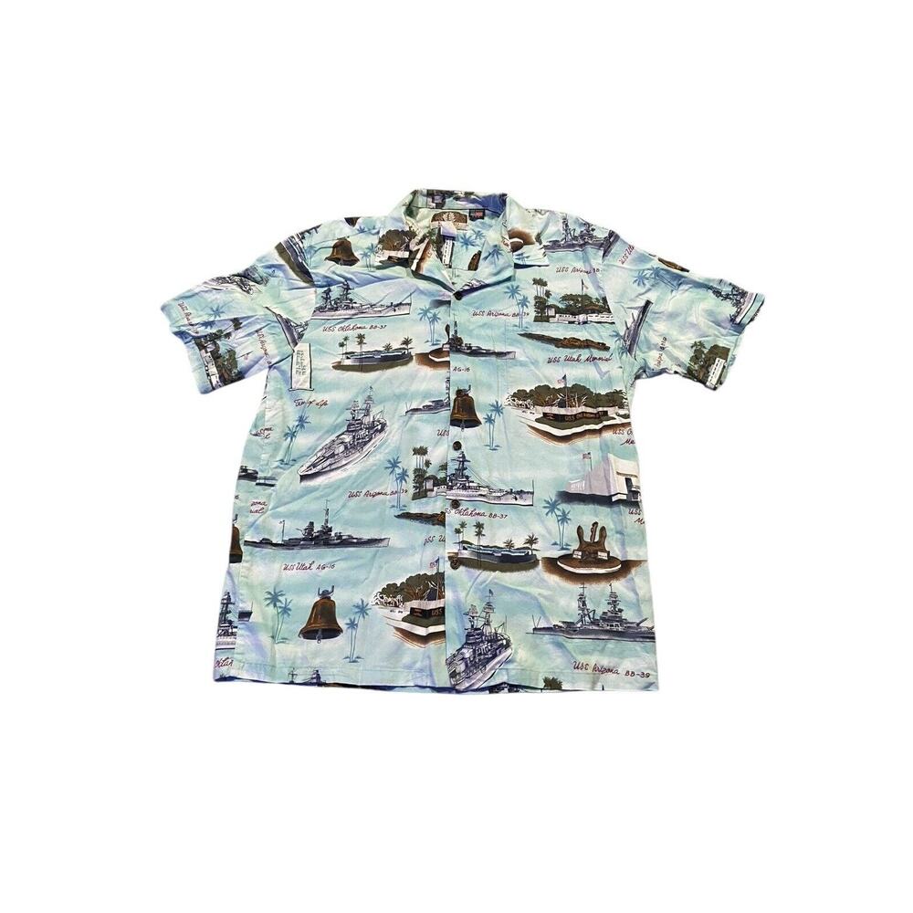 Kalaheo Hawaiian Button‎ Shirt L Navy USS Arizona Oklahoma Utah Ship Memorial